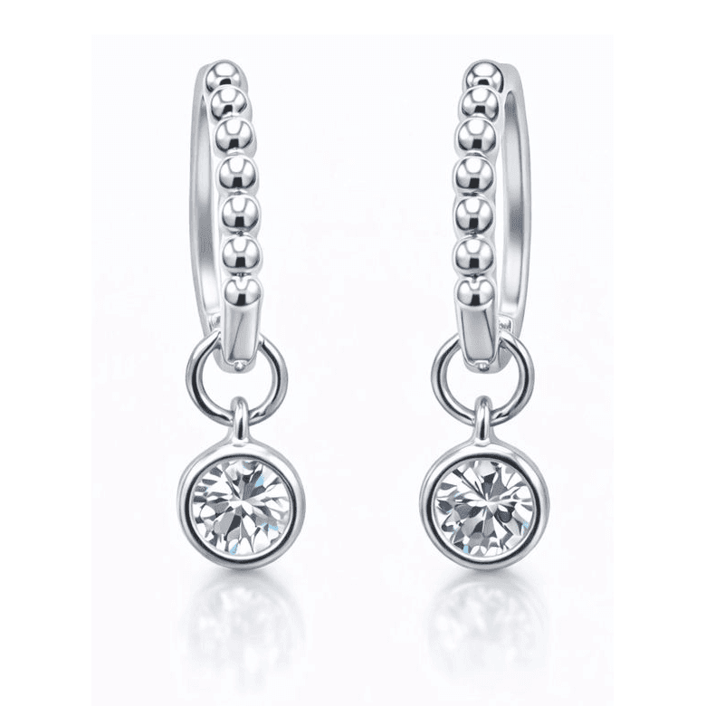 1CTW Created Moissanite Beaded Hoop Drop Earrings in 14kt Gold Over Sterling Silver - Round or Cushion Cut