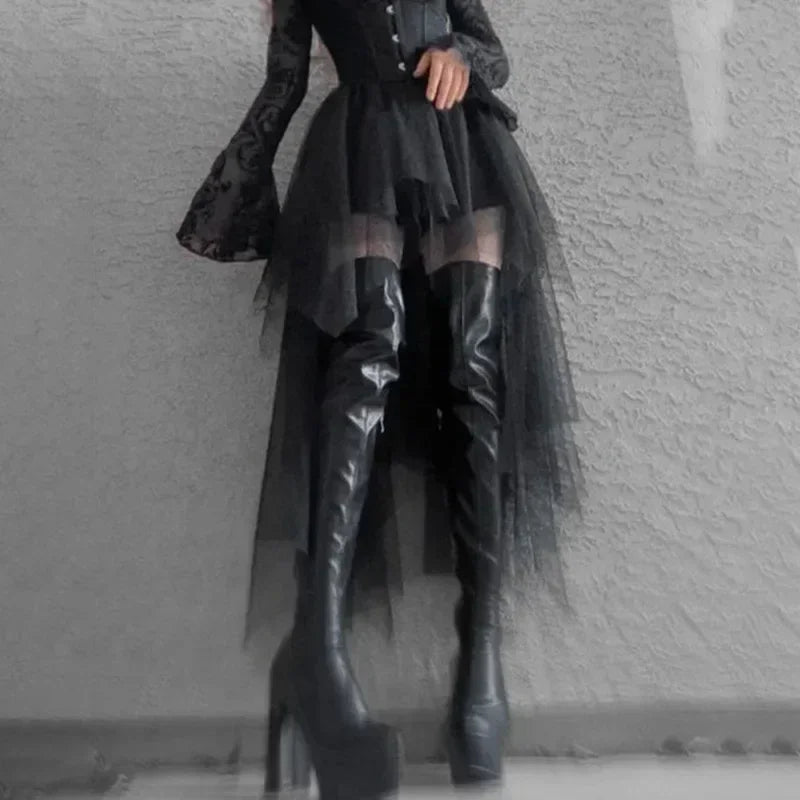 Casual Skirts Punk Sexy Net Yarn High-Waisted Irregular Skirt for Women Summer New European and American Gothic Style Versatile