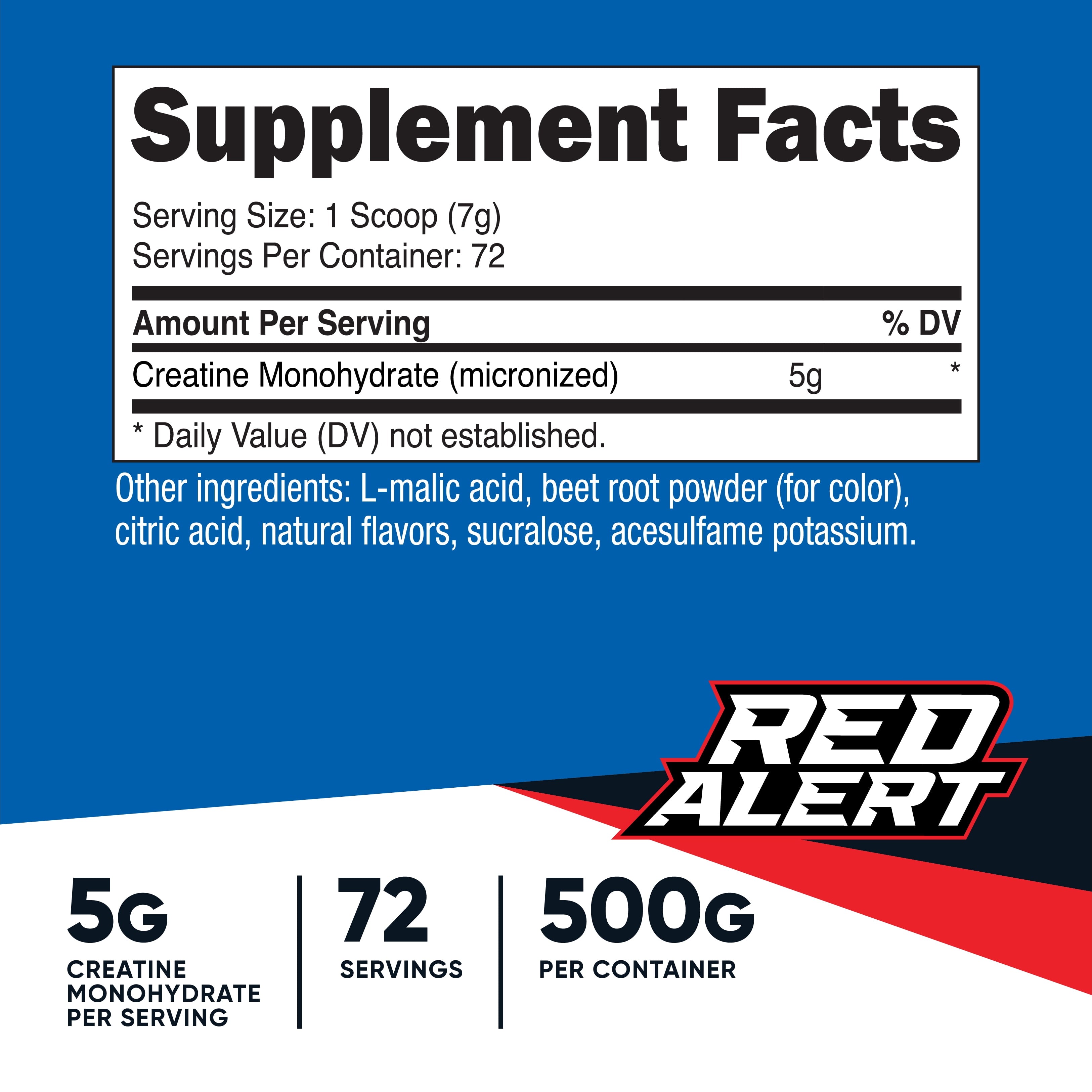 Creatine Monohydrate Powder (Red Alert, 500 Gram) - Micronized Creatine Supplement, Vegan, Gmo-Free, Gluten-Free, 72 Servings