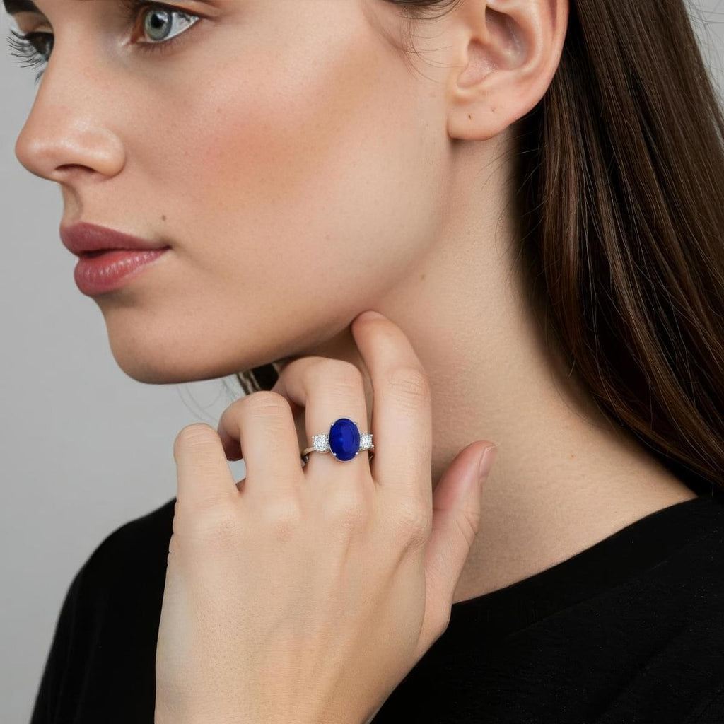 2.50 CTW Oval Lab-Grown Blue Sapphire Diamond Three-Stone Engagement Ring AGI Certified 8×6mm 14K White Gold